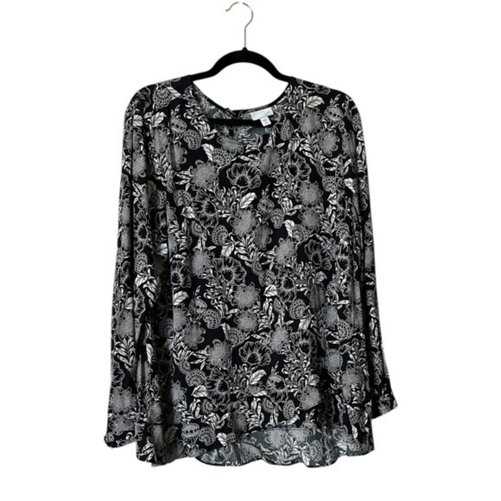 J. Jill Black & White Tropical Floral Hi-Lo Long Sleeve Popover Blouse, LP